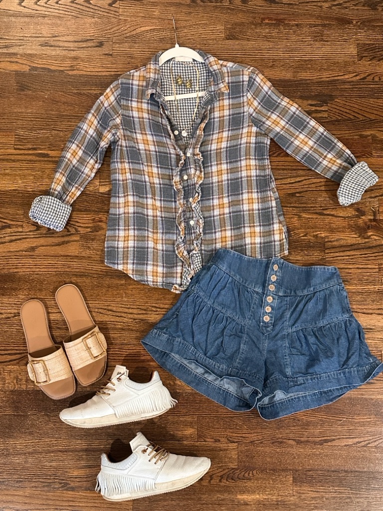 Cp Shades Plaid Ruffle-Front Button Down Shirt In Blue And Mustard And Gingham
